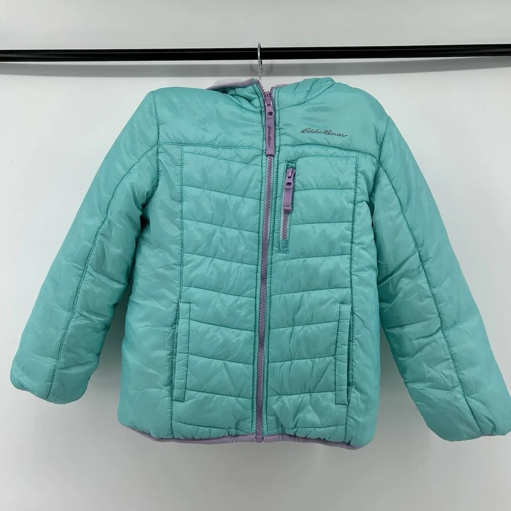 Eddie Bauer‎ Girls Reversible Jacket XS 5/6 Teal Sherpa Hooded Coat